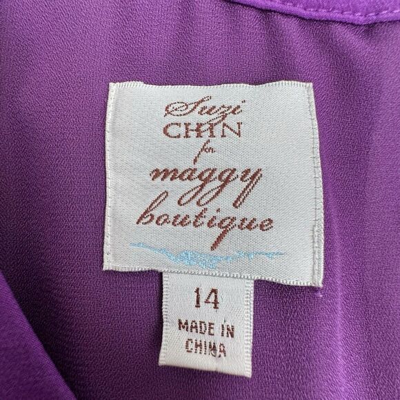 Suzie Chin For Maggy Boutique Women Silk Dress Sz 14 Purple Ruffle Racerback - Picture 13 of 15